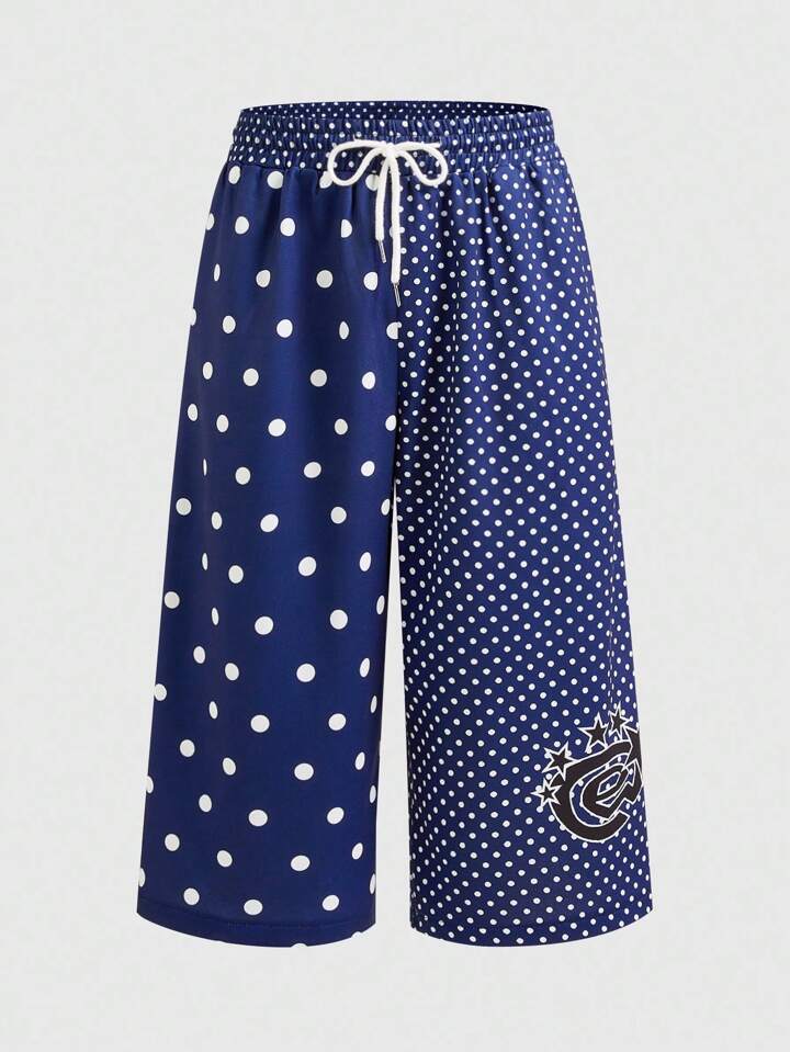 Prep Men's Loose Casual Drawstring Waist Knit Polka Dot 3/4 Shorts