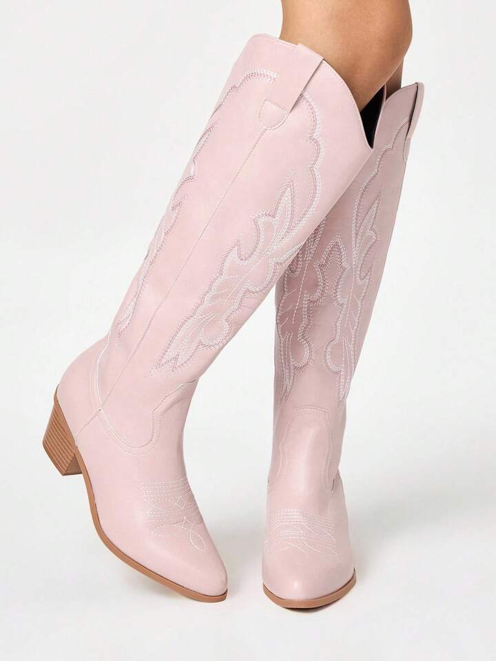 Classic Slip-On Design Pointed Toe Embroidered Western Boots, Kawaii Pink Leather Over-The-Knee Boots