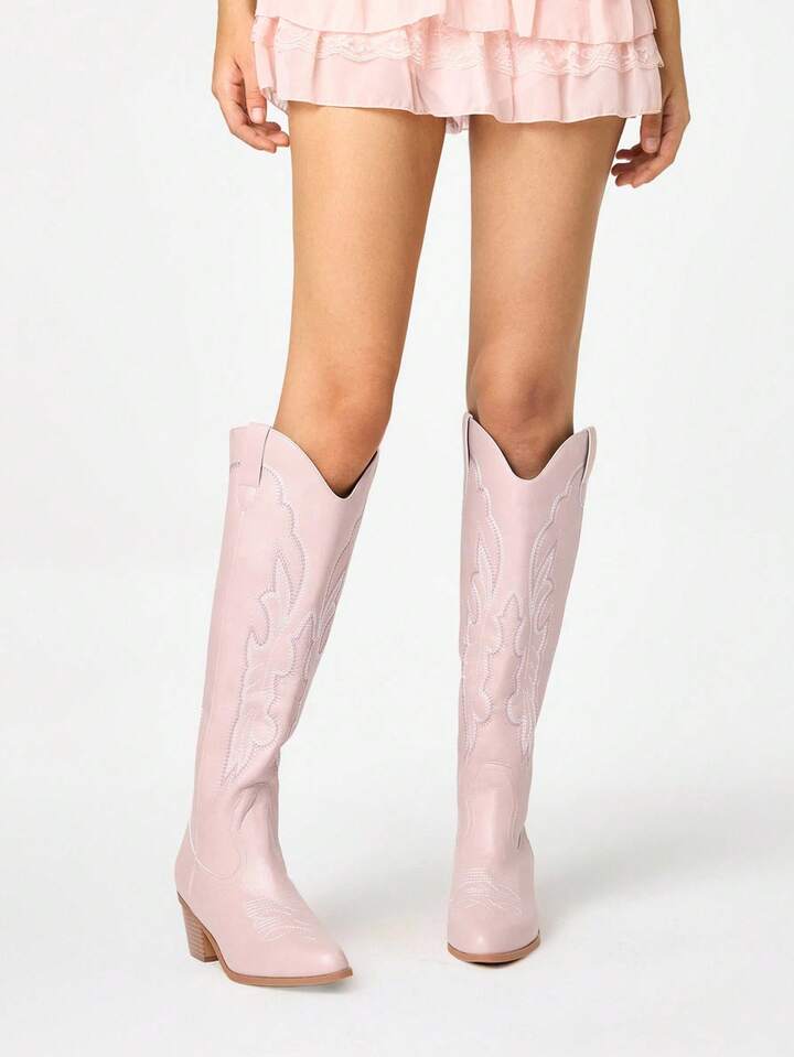 Classic Slip-On Design Pointed Toe Embroidered Western Boots, Kawaii Pink Leather Over-The-Knee Boots