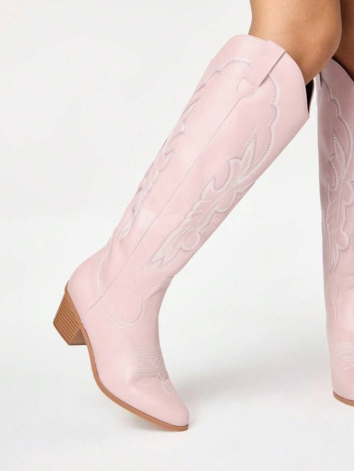 Classic Slip-On Design Pointed Toe Embroidered Western Boots, Kawaii Pink Leather Over-The-Knee Boots