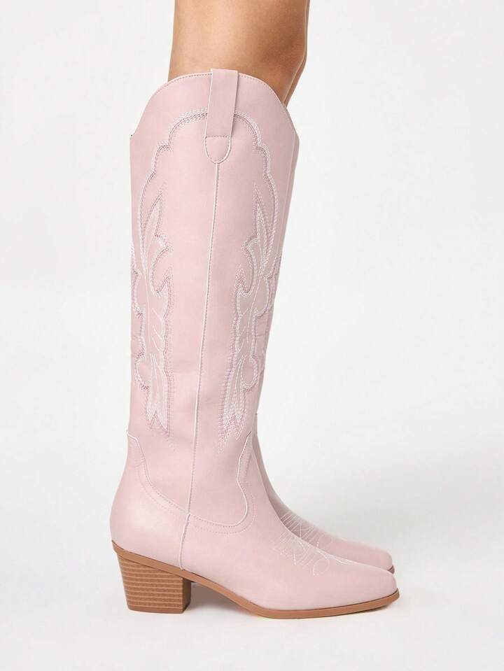 Classic Slip-On Design Pointed Toe Embroidered Western Boots, Kawaii Pink Leather Over-The-Knee Boots 4 Classic Slip-On Design Pointed Toe Embroidered Western Boots, Kawaii Pink Leather Over-The-Knee Boots