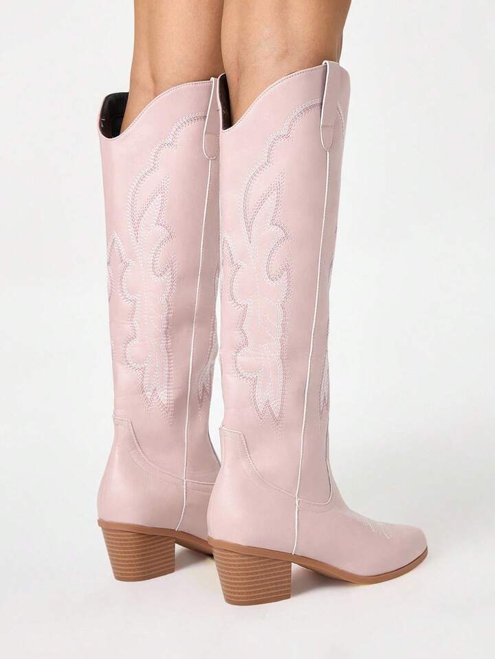 Classic Slip-On Design Pointed Toe Embroidered Western Boots, Kawaii Pink Leather Over-The-Knee Boots 5 Classic Slip-On Design Pointed Toe Embroidered Western Boots, Kawaii Pink Leather Over-The-Knee Boots