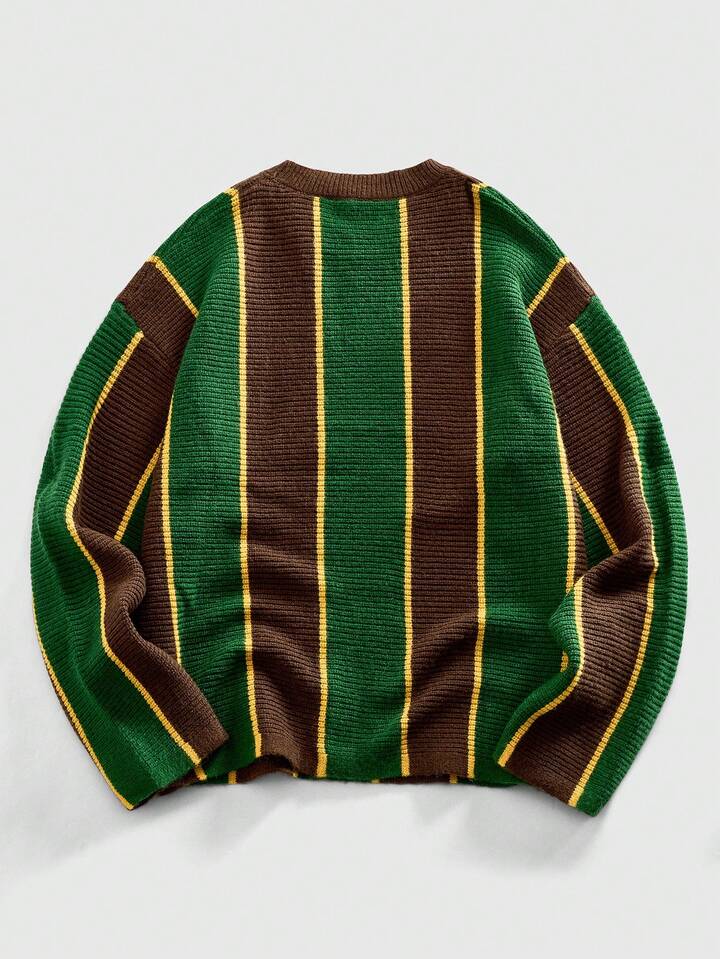 Men's Preppy Round Neck Football Inspired Knit Sweater, Street Fashion, For Winter