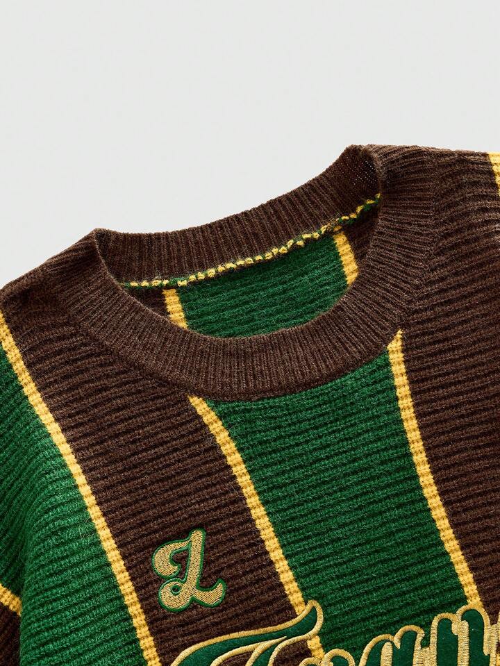 Men's Preppy Round Neck Football Inspired Knit Sweater, Street Fashion, For Winter