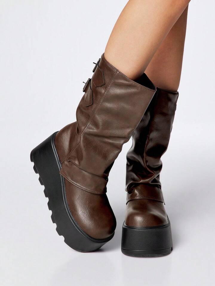Grunge Punk 2025 Autumn/Winter New Round Toe Thick Sole Punk Style Buckle Design Leg Pants Boots, Leather Outdoor Fashion Slip-On Mid-Calf Boots