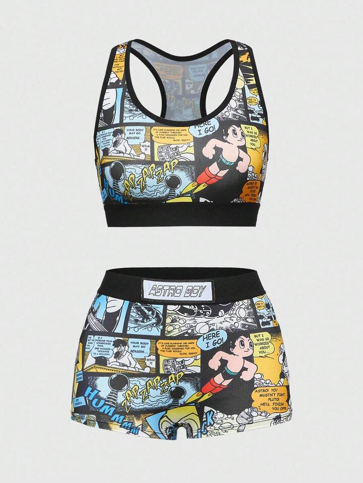 Astro Boy X ROMWE Pop Art Print Wireless Racerback Sports Bra & Boxy Panty Set