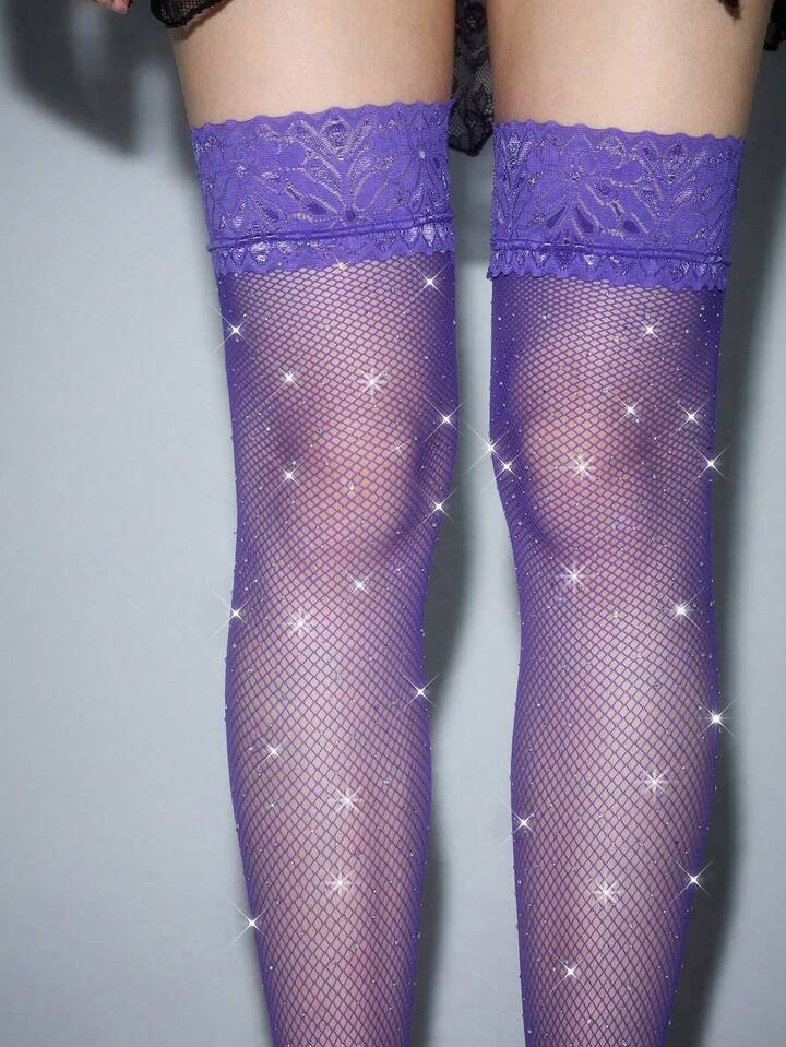 Grunge Punk 1pc Vintage Lace Trim Over-The-Knee Socks, Glamorous Rhinestone Colorful Thigh High Fishnet Stockings, Super Stretchy Sexy Solid Color Crystal Socks, Suitable For Stage, Music Festival, Party Outfits