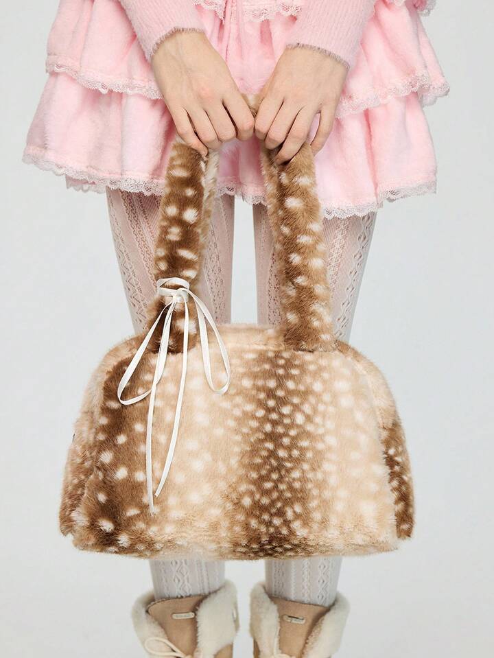 Fairycore 1pc Brown Fashionable Portable Plush Lace Bow Cute Women Handbag