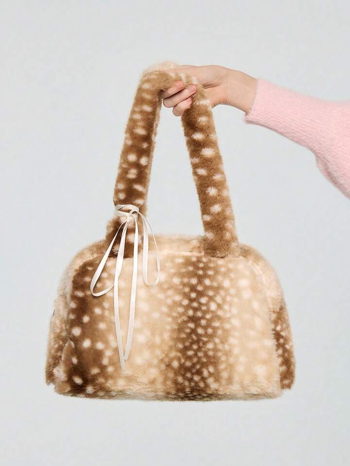 Fairycore 1pc Brown Fashionable Portable Plush Lace Bow Cute Women Handbag