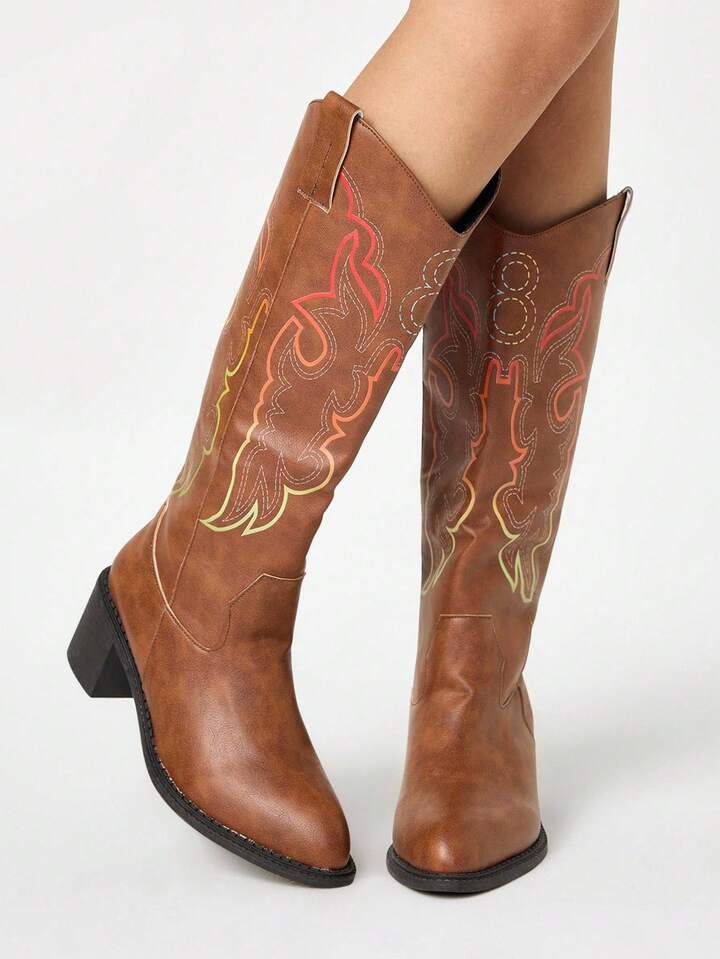 Brown Western Boots, Slip-On Embroidered Tall Boots, Leather Motorcycle Knee-High Boots, Chunky Heel Knee-High Boots, Western Boots For Women, Mid-Calf Boots