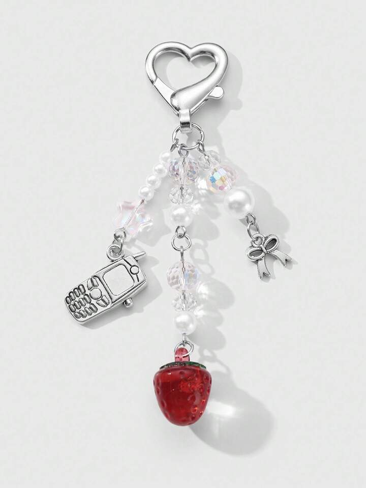 Kawaii 1pc Y2K Chic Versatile High-End Faux Pearl & Crystal Beaded Mini Phone, Star, Bow, Red Resin Strawberry DIY Keychain Bag Charm, Suitable For Women, Daily Wear, Holiday Gift
