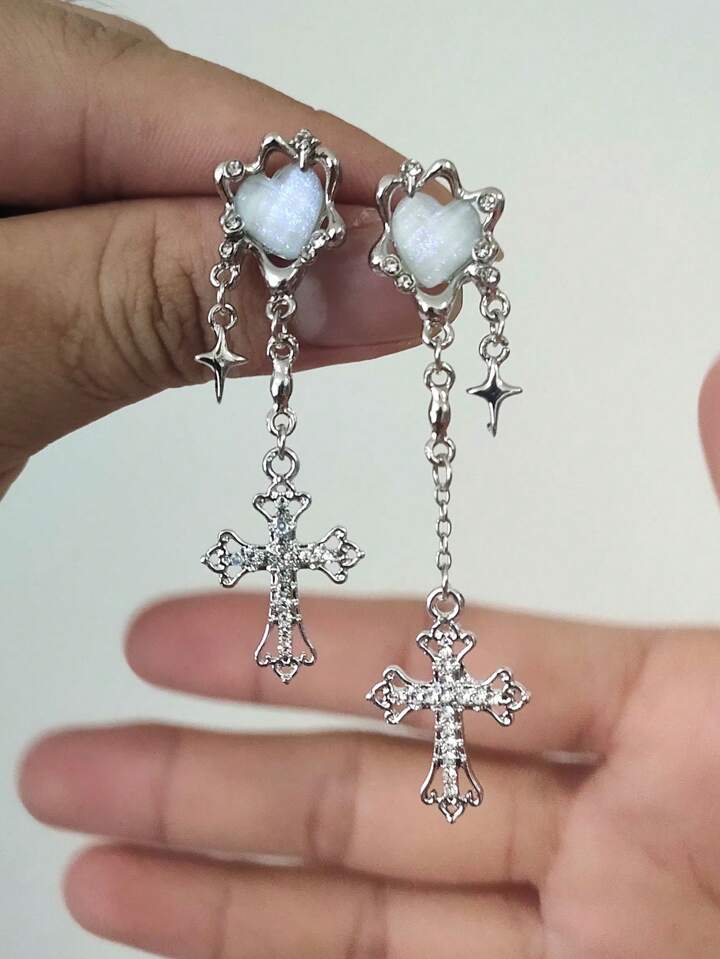 Kawaii 1pair Glamorous Zinc Alloy Heart & Cross Decor Drop Earrings For Women For Dating Gift Valentines,Mom,Mother,Mother's Day,Gift