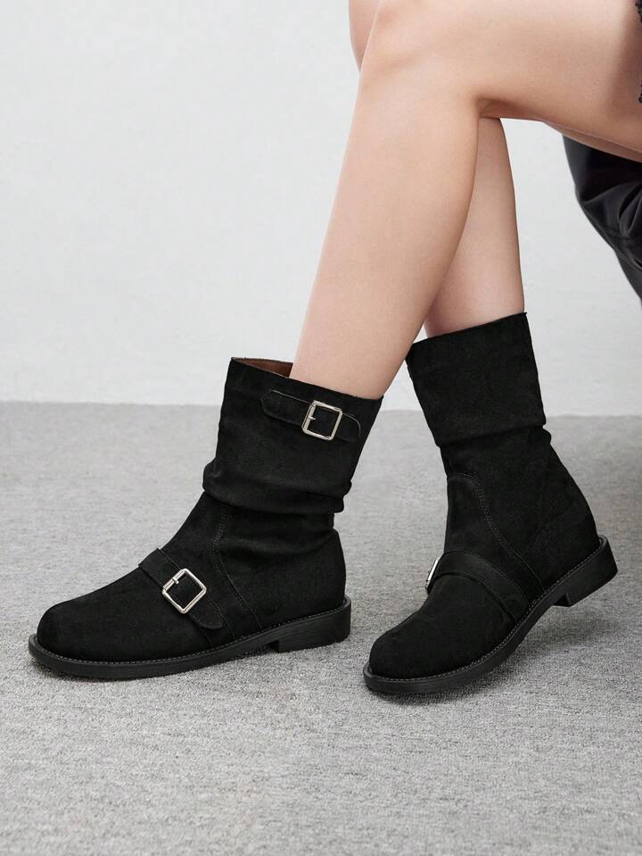 Retro Crimped Button Detail Black Suede Mid-Calf Boots, Women Knight Boots, Stack Heel Flat Platform Motorcycle Boot