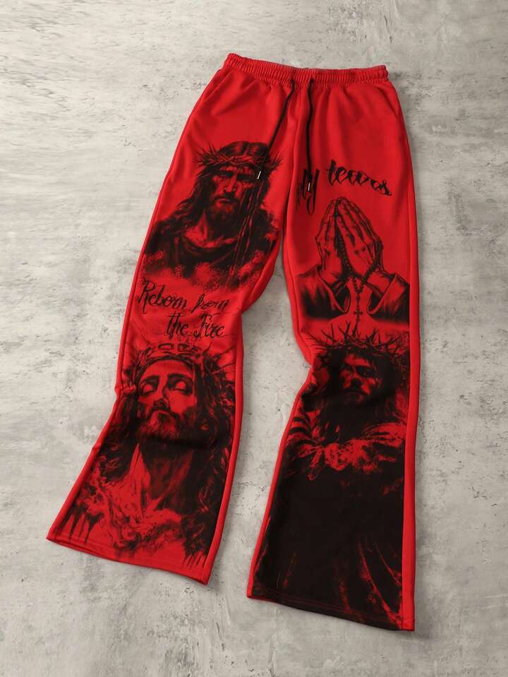 Goth Men's Printed Layered Jesus Sweatpants, Retro Street Style