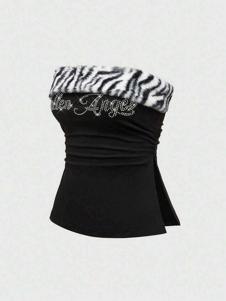 Grunge Punk Shibuya Subculture Rabbit Hair Zebra Print Patchwork Knit Fitted Rhinestone Embellished Tube Top For Women