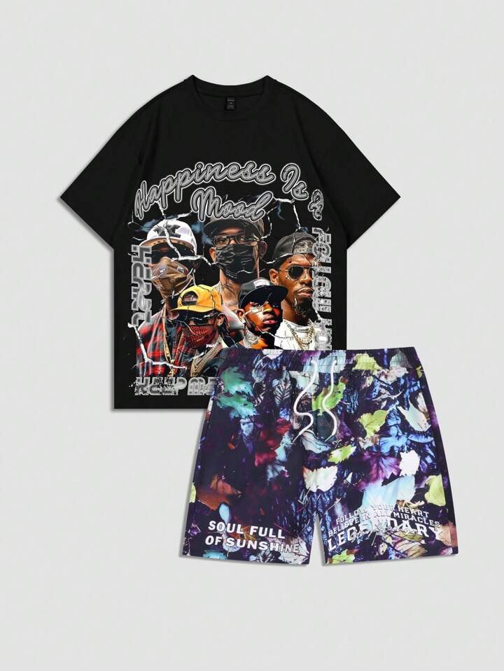 Street Life 2pcs Men's Printed Short Sleeve T-Shirt And Shorts Set For Daily Casual Wear, Spring & Summer,Graphic Tee & Shorts