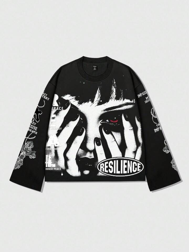 Street Life Men's Street American Dark Beauty Woman Face English Graphic Print Long Sleeve T-Shirt, Fall
