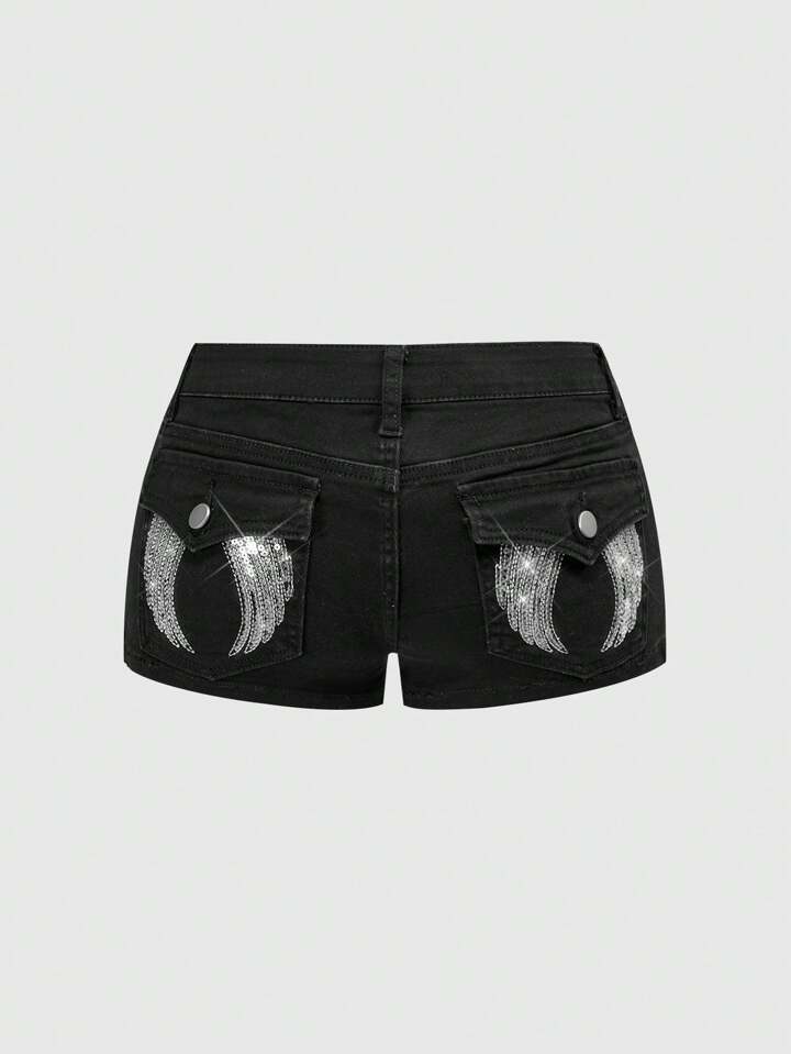 Grunge Punk Rave Outfits Festival Y2K Vintage Sexy Wing & Sequins Embroidered Low-Waist Denim Ultra-Short Shorts