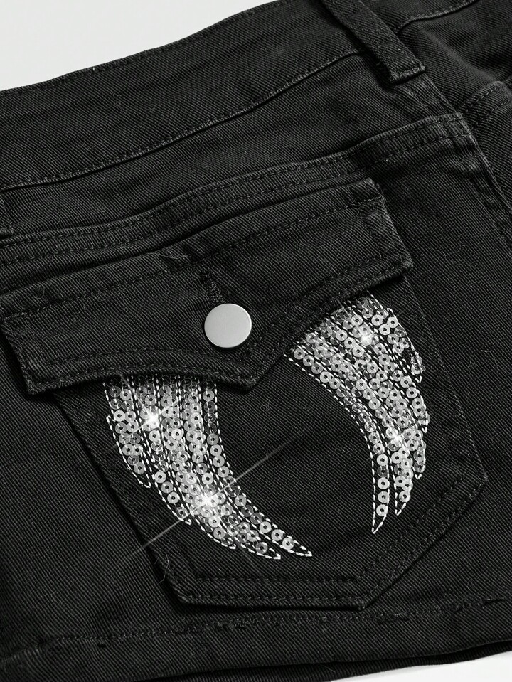 Grunge Punk Rave Outfits Festival Y2K Vintage Sexy Wing & Sequins Embroidered Low-Waist Denim Ultra-Short Shorts