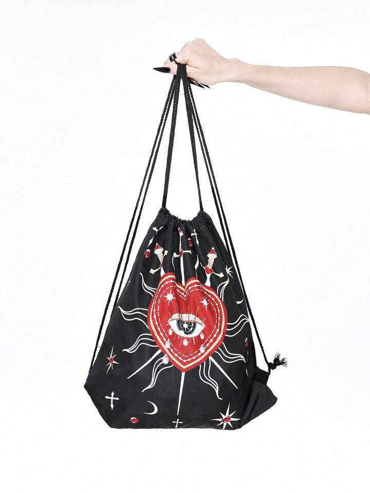 Grunge Punk Vintage Camouflage Pentagram & Number Print Large Capacity Drawstring Backpack, Fashionable Casual Unisex Daypack, Gym Bag, Suitable For School, Vacation, Party, Shopping