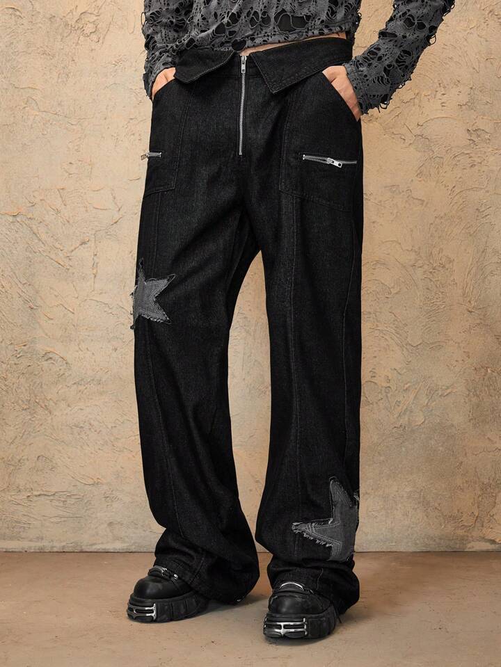 Grunge Punk Men's Simple Casual Denim Jeans With Front Zipper And Star Pattern