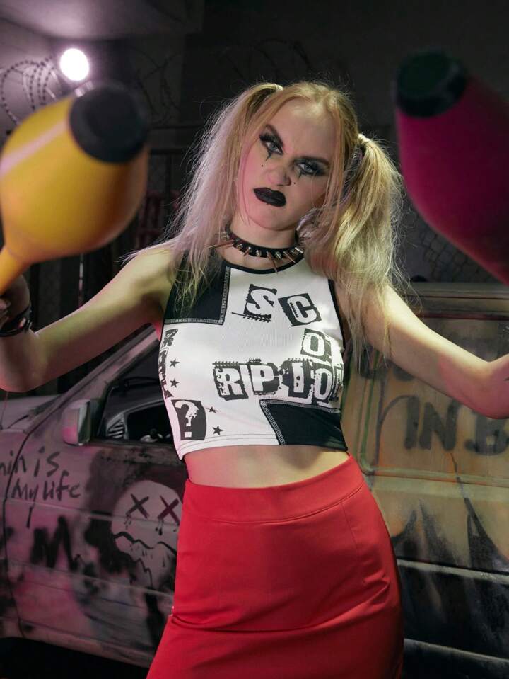 Grunge Punk Letter Graphic Contrast Binding Tank Top