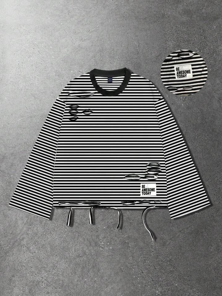 Anime Unisex Black & White Striped Crew Neck T-Shirt, Long Sleeve Top