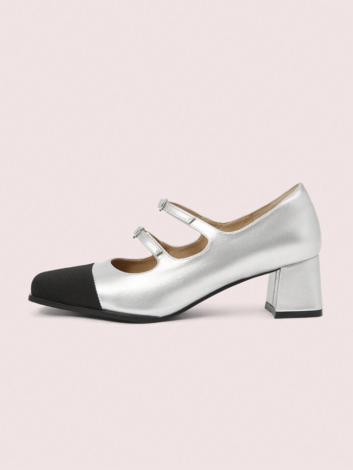 Women's New French Style Mary Jane Platform Pumps, Silver Ankle Strap Casual Heels For Work And Daily Wear Valentine's Day