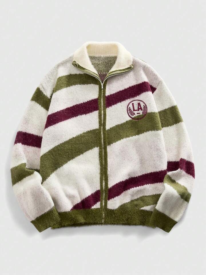 Men's Zip-Up Cardigan, Collegiate Style Striped Knit Sweater