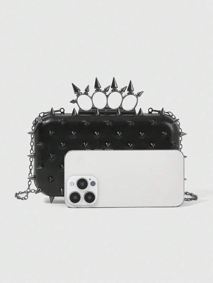 Goth Women Evening Clutch Bag, Simple Solid Color With Rivet Decor, Fashion