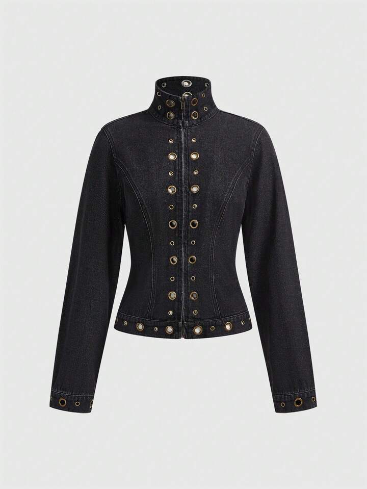 J-Fashion Vintage Distressed Rivet Punk Rock Biker Denim Jacket For Women