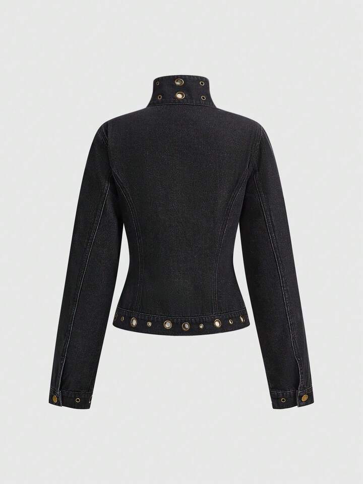 J-Fashion Vintage Distressed Rivet Punk Rock Biker Denim Jacket For Women