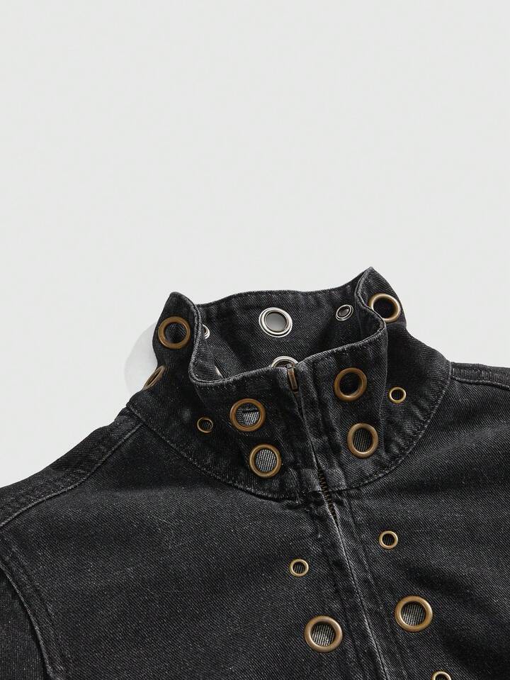J-Fashion Vintage Distressed Rivet Punk Rock Biker Denim Jacket For Women
