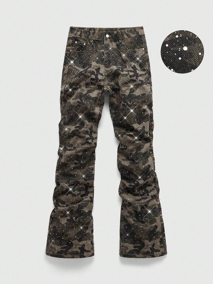 Street Life Men's Sparkling Diamond Layered Flare Camouflage Jeans