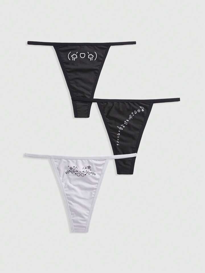 Kawaii 3pcs Cute Cartoon Face Expression Lace Bow Thong Panties