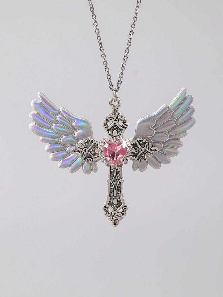 1pc Gothic Luxury Cross Pendant Necklace With Rhinestones, Holiday Party Gift, Halloween