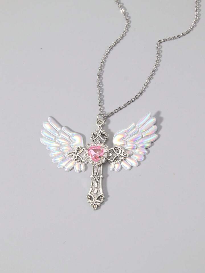 1pc Gothic Luxury Cross Pendant Necklace With Rhinestones, Holiday Party Gift, Halloween