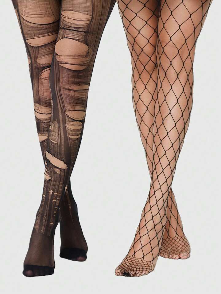 Grunge Punk 1 Pair Of Minimalist Black Stockings + 1 Pair Of Minimalist Fishing Net Socks, Daily Versatile Basic Pantyhose Combination, Sexy Ultra-Thin Elastic Stockings (The Picture Is For Reference Only, The Actual Product Needs To Be Torn By The Customer)