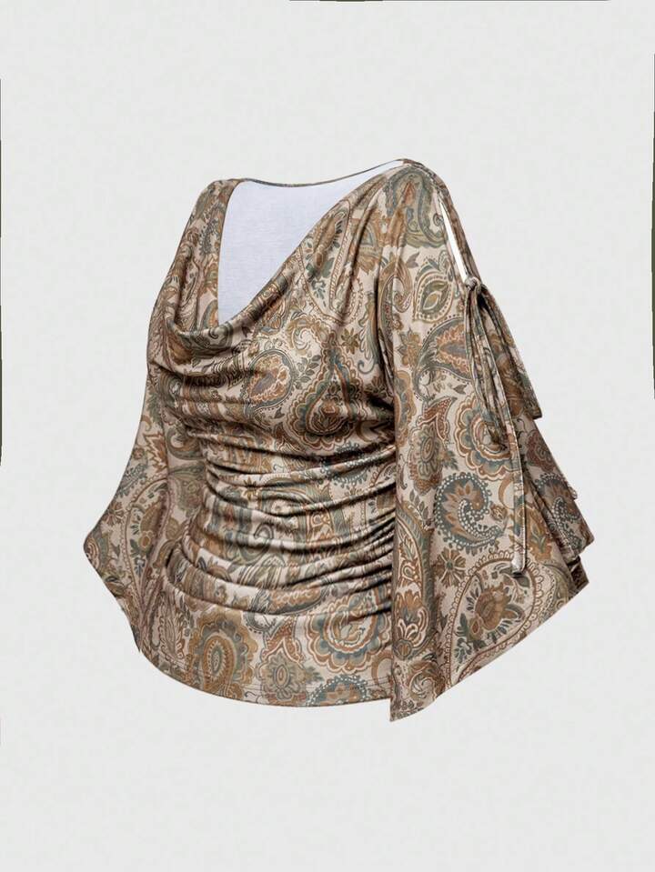 Plus Size Loose Batwing Sleeve Waist Drawstring Hippie Paisley Print T-Shirt With Wooden Bead Decor