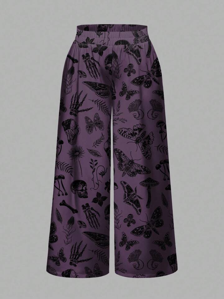 Plus Size Women Gothic Witch Dark Palace Skull Moth Plant Butterfly Mushroom Leaf Print Loose Wide Leg Pants, Halloween