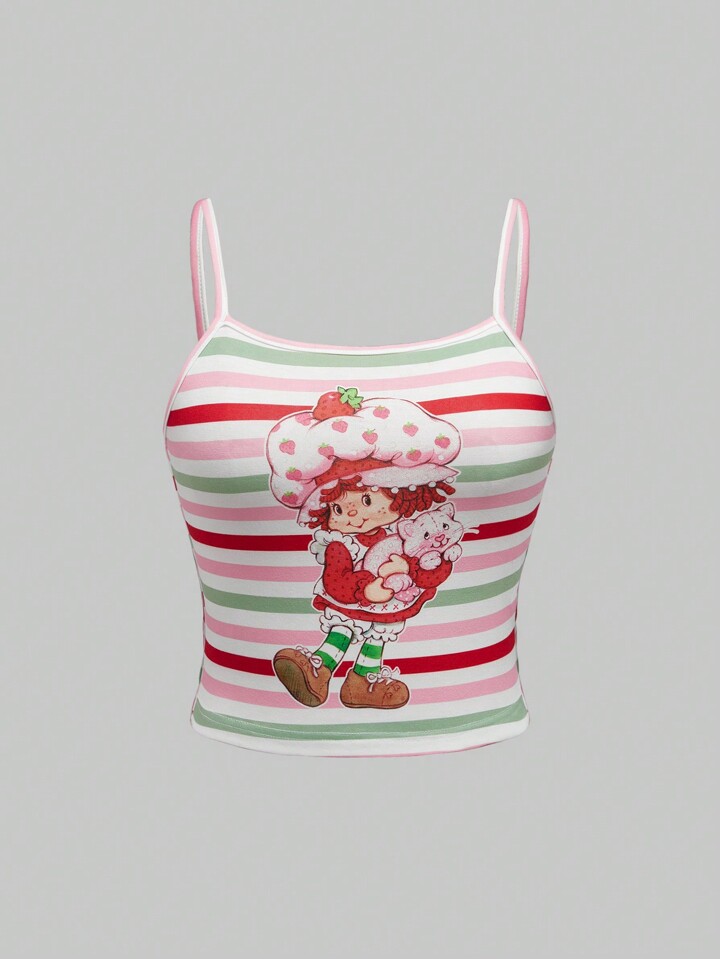 Vintage American Cartoon Character & Striped Print Fitted Cami Top, Summer
