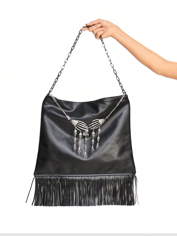 Goth Women's Hippie Style Fringe Western Shoulder Bag With Chain, Skull Metal Decor, Retro Punk Crossbody Bag, Black Bag, Perfect For Rodeo Occasion, Bohemia Style Bag For Women