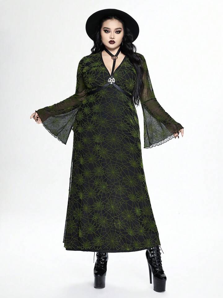 Plus Size Women Sexy Gothic Spider Web Flock Bell Sleeve V-Neck High Slit Dress, Halloween Clothes
