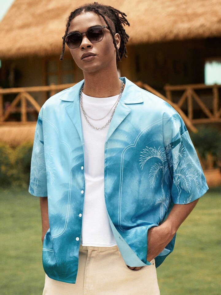 The White Lotus Men's Summer Casual Vacation Coconut Tree Pattern Lapel Collar Short Sleeve Shirt