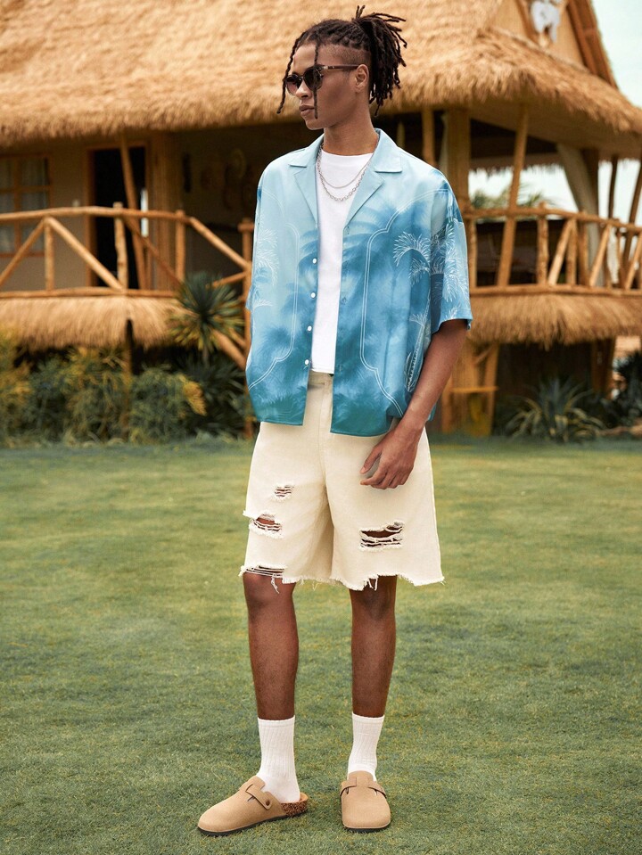 The White Lotus Men's Summer Casual Vacation Coconut Tree Pattern Lapel Collar Short Sleeve Shirt