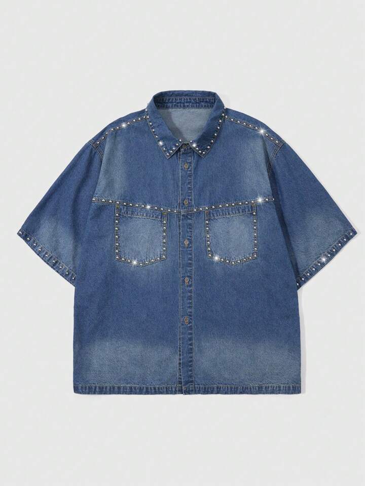 Men's Street Life Summer Pearl Studded Single-Breasted Pocket Denim Shirt