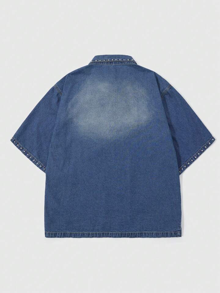 Men's Street Life Summer Pearl Studded Single-Breasted Pocket Denim Shirt