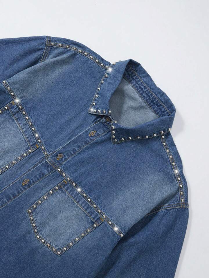 Men's Street Life Summer Pearl Studded Single-Breasted Pocket Denim Shirt