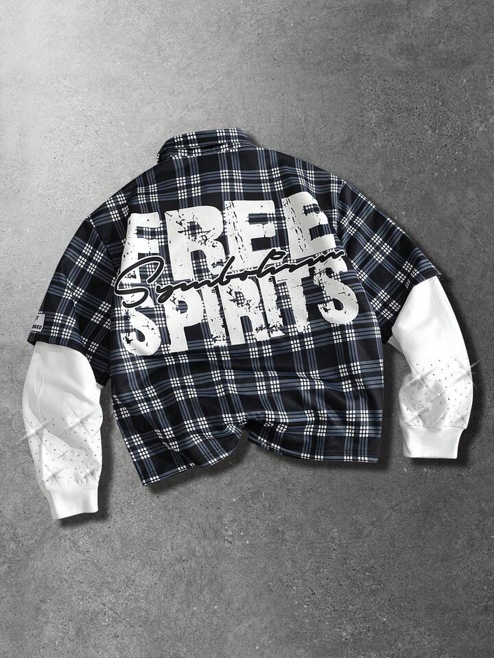 Men's Casual Street American English Print Plaid Long Sleeve Shirt, Spring & Autumn