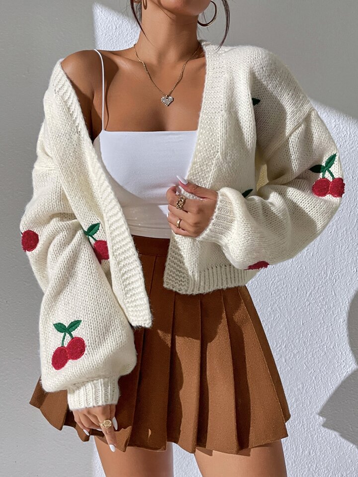 Cherry Embroidery Lantern Sleeve Cardigan,Long Sleeve Tops Fall Winter Cloth For Women